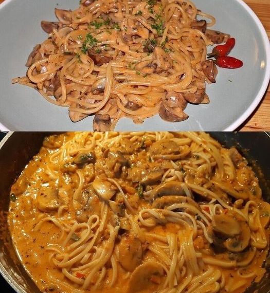 Champignons Spaghetti aus der Pfanne