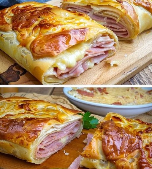 Gefüllter Blätterteigstrudel mit Schinken und Käse in 10 Minuten