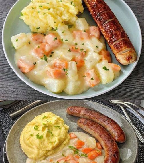 Kohlrabi-Möhren Gemüse mit Kartoffelpüree und Bratwurst