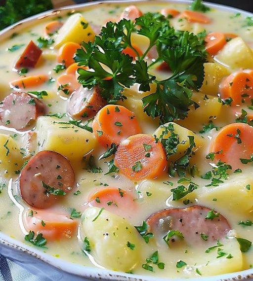 Kohlrabikartoffelmohrrübeneintopf Mlt Wiener Würstchen