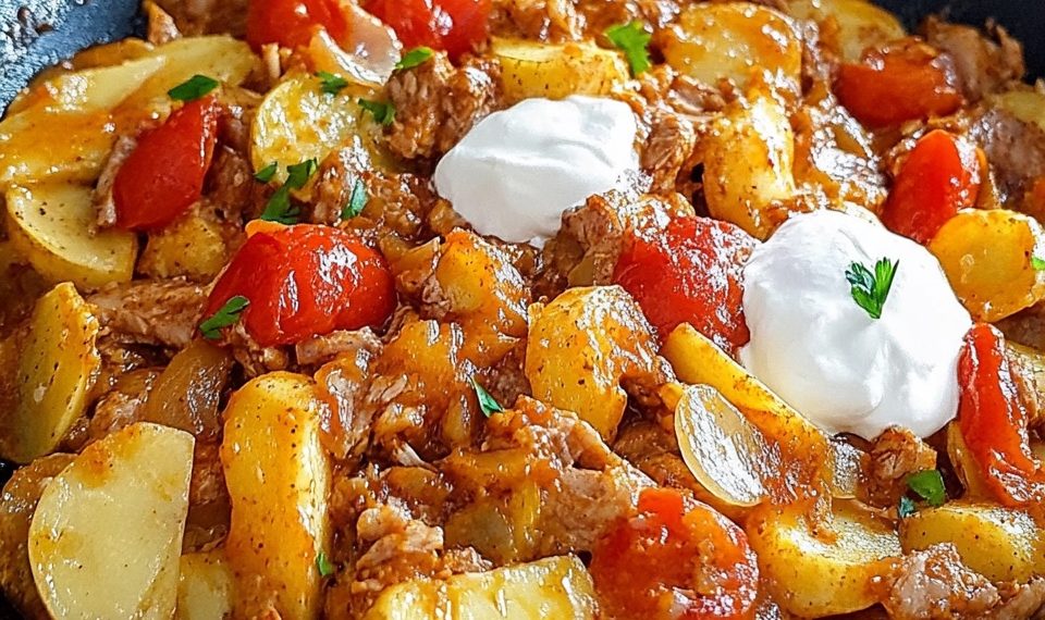 Kartoffel-Paprika-Pfanne mit Hackfleisch und Crème fraîche