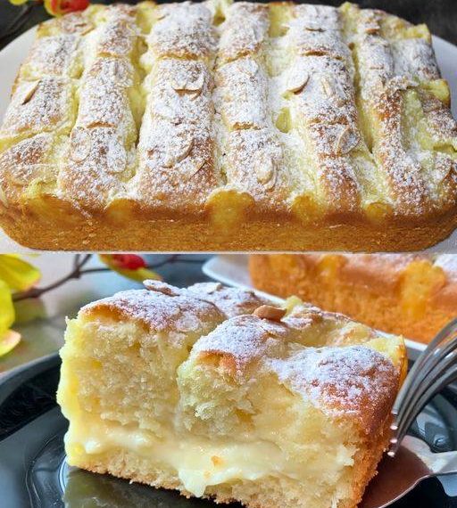 Köstlicher Apfelkuchen mit Vanillesoße. Viel schmackhafter als Charlotte!