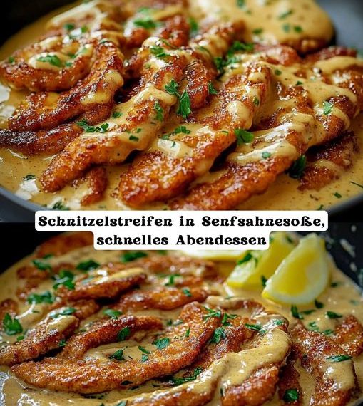 Schnitzelstreifen in Senfsahnesoße, schnelles Abendessen