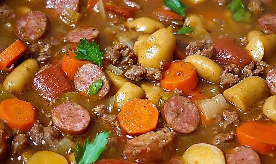 Herzhafter Linseneintopf mit Gemüse und Würstchen
