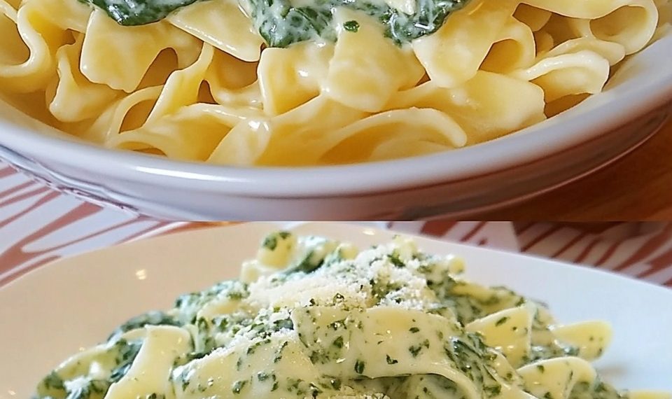 Nudeln mit 650 g Rahmspinat in Frischkäse Soße