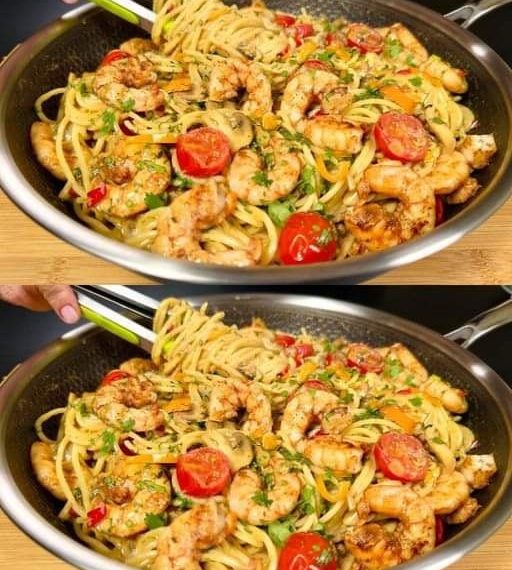 Spaghetti mit Garnelen in einer cremigen Sauce