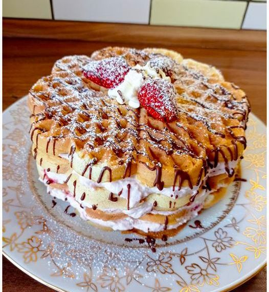 Waffeltorte mit 500 g Quark und 550 g Erdbeeren wie ich sie liebe
