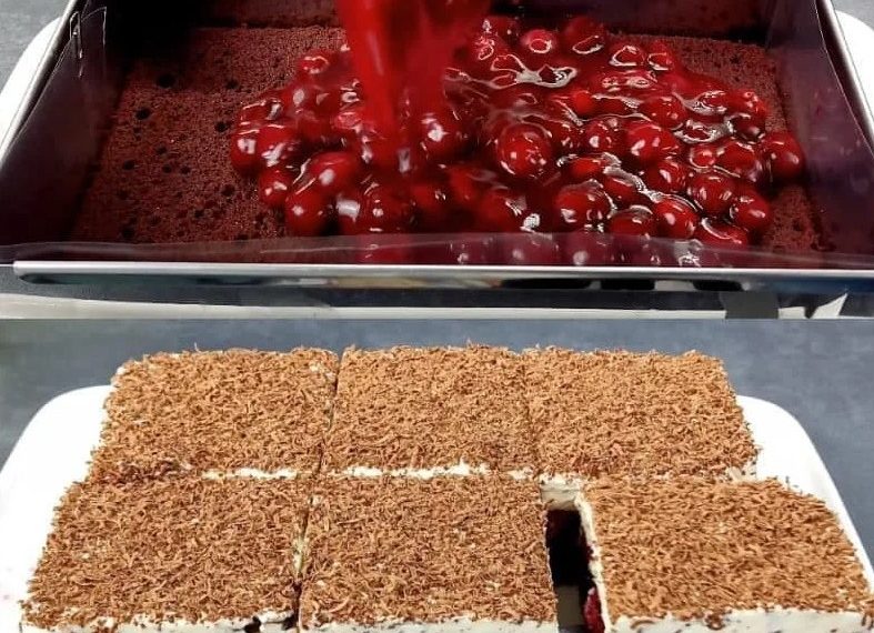 Ein köstlicher Schichtkuchen mit Schokolade, Kirschen und Sahne.