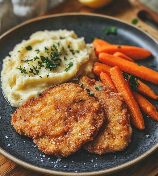 Wiener Schnitzel mit Sahnemöhren und Kartoffelpüree 