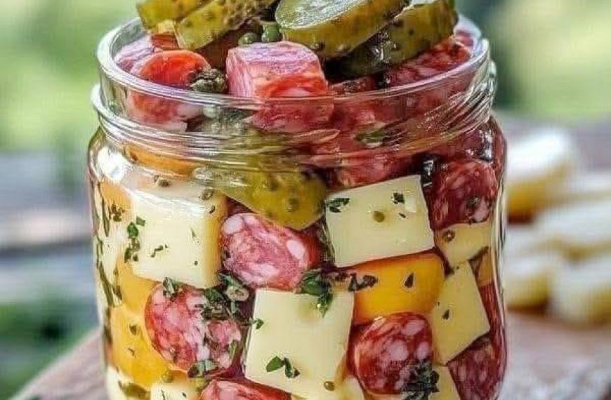 Leicht marinierte Käse-Vorspeise mit Salami und Gurken