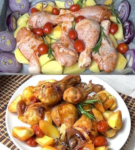 Gebackenes Huhn mit Kartoffeln ist ein klassisches Gericht, das sich durch seine Einfachheit und seinen Geschmack auszeichnet.