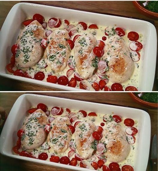 Mozzarella-Hähnchen in Basilikum-Sahnesauce