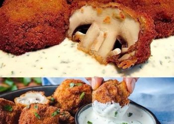 Panierte Champignons und Kräuterquark