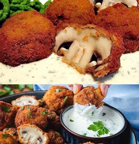 Panierte Champignons und Kräuterquark