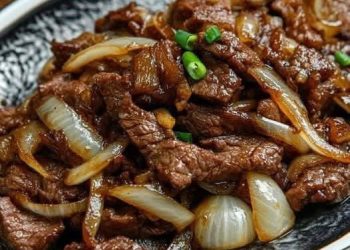 Karamellisiertes Rindfleisch mit Zwiebeln und Sojasauce