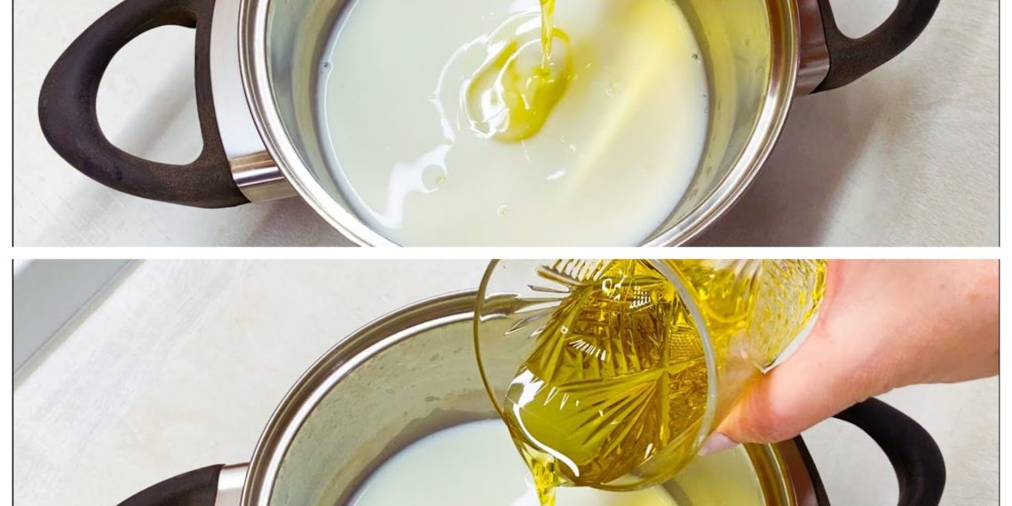 Das Olivenöl in die Milch gießen. Ich kaufe es nicht mehr im Laden. Einfach und schnell