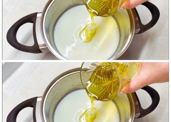 Das Olivenöl in die Milch gießen. Ich kaufe es nicht mehr im Laden. Einfach und schnell