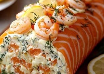 Geräucherte Lachsrolle mit frischen Käsegarnelen und Dill