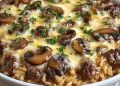 Cremiger Auflauf mit Rindfleisch, Champignons und Reis