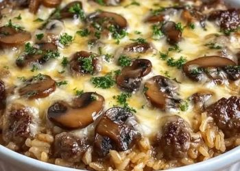 Cremiger Auflauf mit Rindfleisch, Champignons und Reis