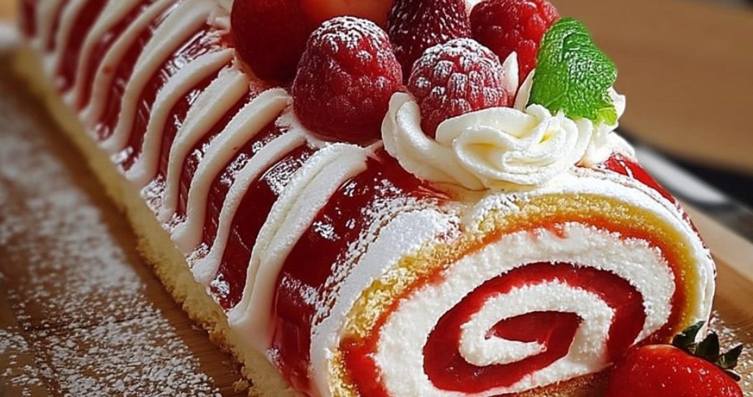 Biskuitrolle mit Erdbeeren und Schlagsahne (Weihnachtsbûche)