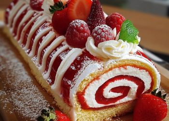Biskuitrolle mit Erdbeeren und Schlagsahne (Weihnachtsbûche)