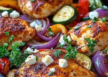Titel: Hähnchen mit Paprika, Zucchini, Zwiebeln und Feta im Ofen