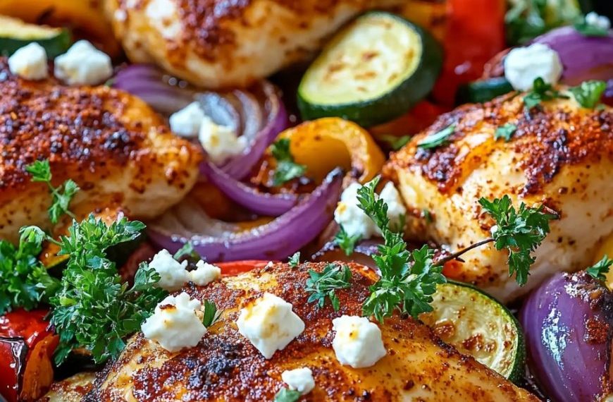 Titel: Hähnchen mit Paprika, Zucchini, Zwiebeln und Feta im Ofen