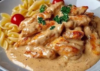Hähnchenstreifen mit Nudeln in cremiger Sahnesoße – einfach, schnell & unwiderstehlich!