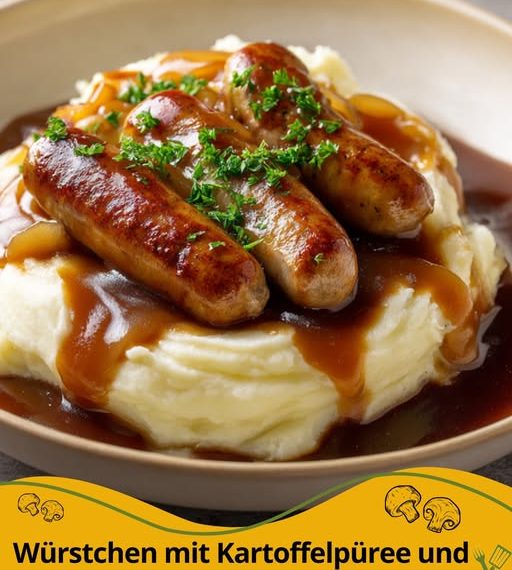 Herzhafte Würstchen mit cremigem Kartoffelpüree und Zwiebelsoße