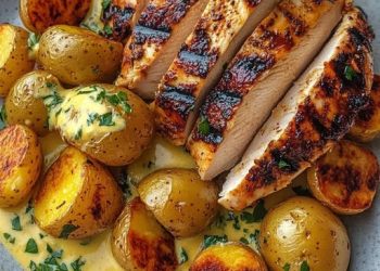 Gegrilltes Hähnchen mit knusprigen Ofenkartoffeln und cremiger Senfsauce