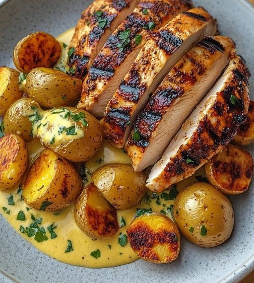 Gegrilltes Hähnchen mit knusprigen Ofenkartoffeln und cremiger Senfsauce