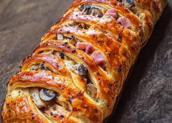 Leckerer Blätterteigzopf mit Champignons, Schinken und Käse