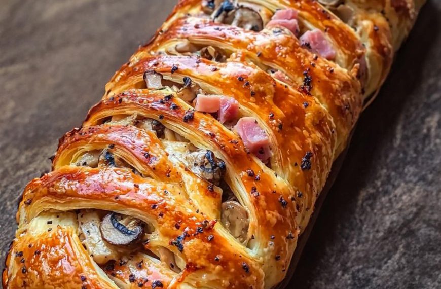 Leckerer Blätterteigzopf mit Champignons, Schinken und Käse