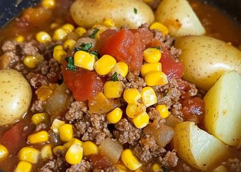 Hamburger-Auflauf mit Kartoffeln, Mais und Tomaten