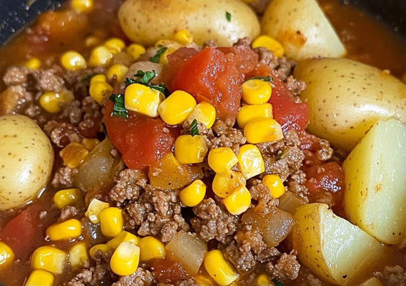 Hamburger-Auflauf mit Kartoffeln, Mais und Tomaten
