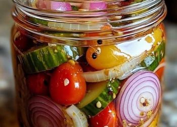 Eingelegte Kirschtomaten, rote Zwiebeln und Gurken