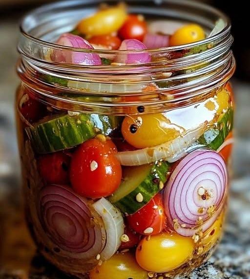 Eingelegte Kirschtomaten, rote Zwiebeln und Gurken