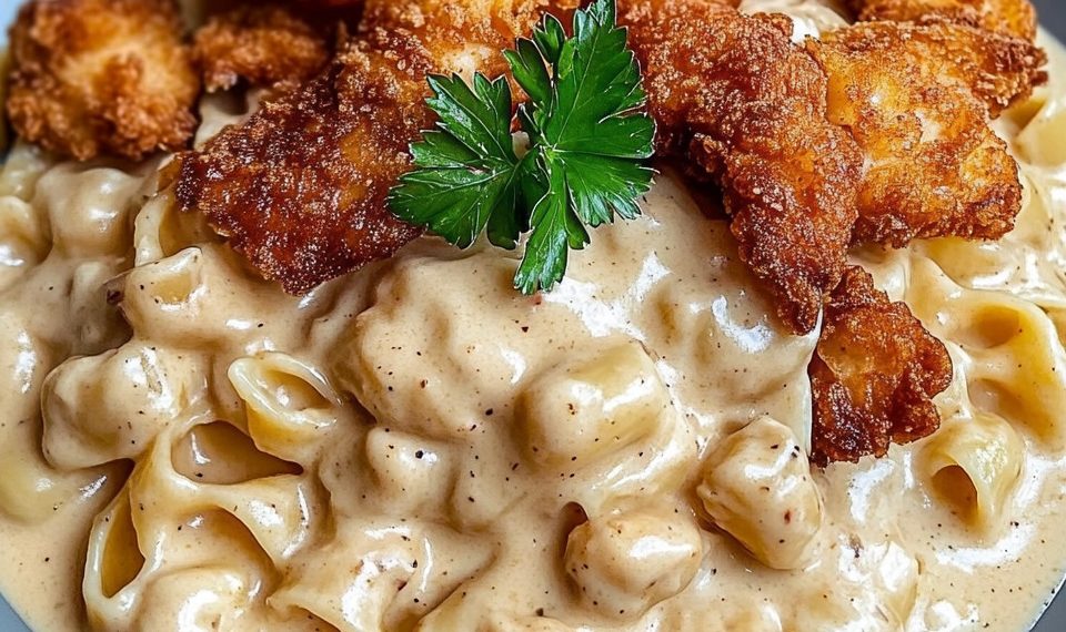 Zarte Hähnchenstreifen mit cremigen Nudeln in sahniger Sauce