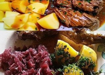 Rinderburgunderbraten mit Kartoffeln und Rotkohl