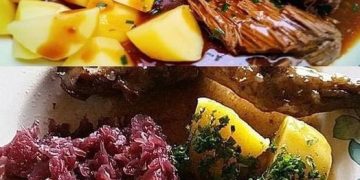 Rinderburgunderbraten mit Kartoffeln und Rotkohl
