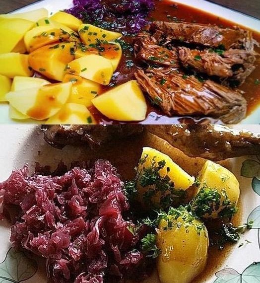 Rinderburgunderbraten mit Kartoffeln und Rotkohl